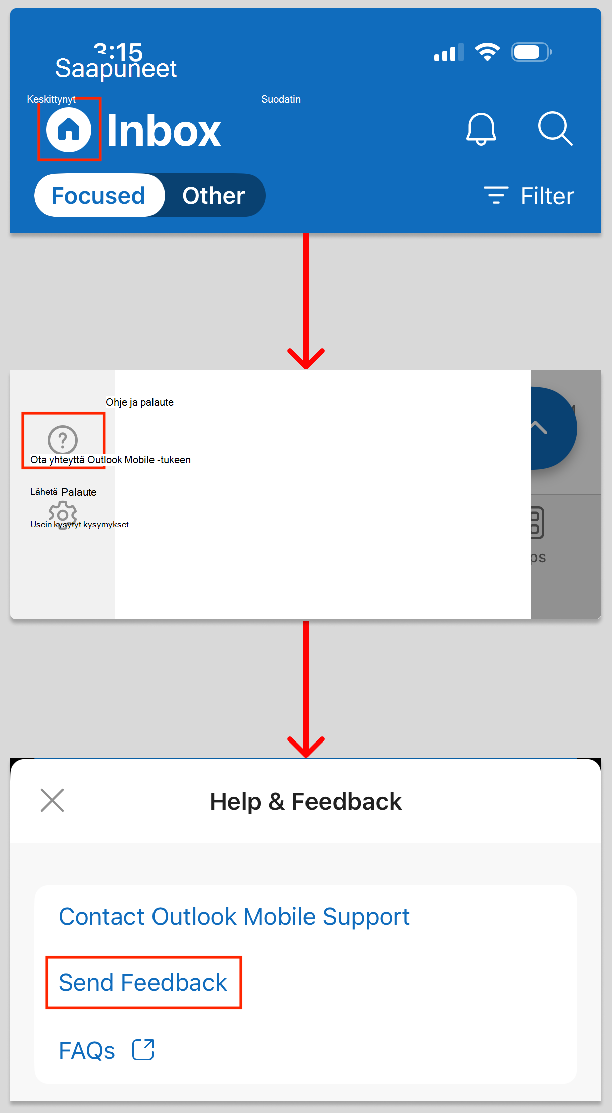 Tästä kuvasta näet, miten pääset Outlook for iOS:n Lähetä palautetta -toimintoon.