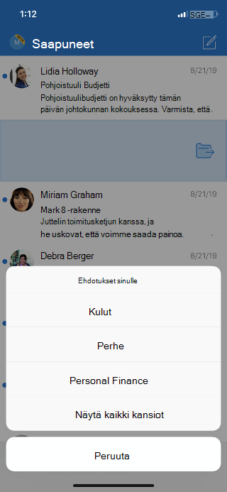 Näyttää Saapuneet-kansion, jossa on luettelo kansiovaihtoehdoista ja vaihtoehto kaikkien kansioiden tarkastelemiseen.