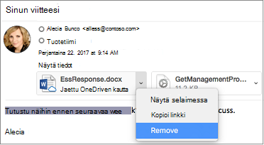 Poista liite valitsemalla alanuoli ja Poista