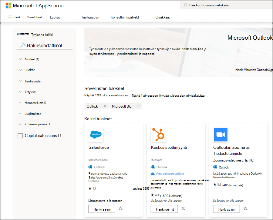 AppSourcen Microsoft Outlook -apuohjelmat