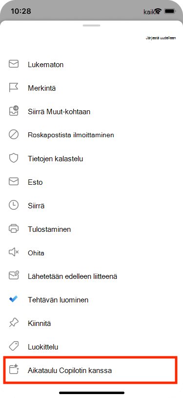 Aikataulu sähköpostista voidaan valita Lisää toimintoja -valikosta