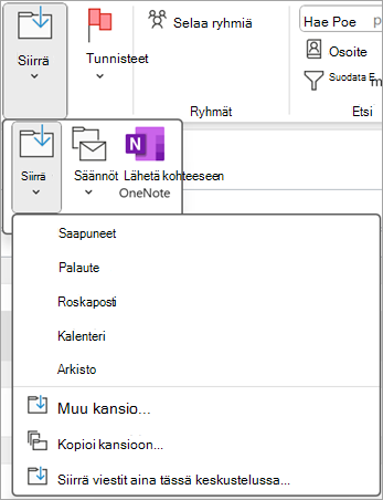 Valitse poistettu kohde, jonka haluat palauttaa, ja siirrä se sitten toiseen kansioon valintanauhan Siirrä-painikkeella.
