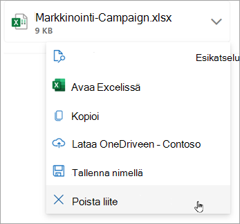 Valitse liitteen vieressä oleva alanuoli ja valitse sitten Poista liite