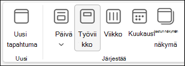 Näyttökuva uuden Outlookin valintanauhasta, jossa on kalenterinäkymän muuttamiseen liittyviä valintoja