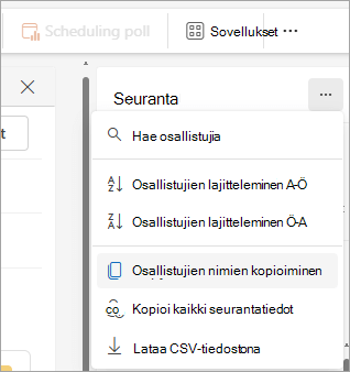 Näyttökuva uuden Outlookin Seuranta-ruudusta, jossa näkyy avattavan luettelon vaihtoehdot osallistujaluettelon kopioimiseen