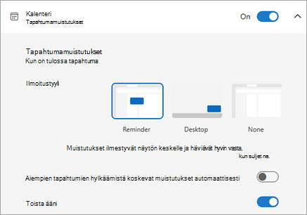 Näyttökuva Calendar tapahtumamuistutuksen asetuksista
