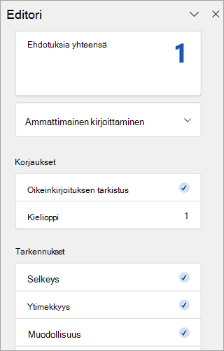 Näyttökuva Outlookin Editori-ruudusta