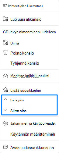 Näyttökuva siirrä kansiot -vaihtoehdosta