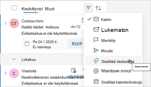 Valitse Sisältää tiedostoja, jos haluat etsiä kaikki viestit, joissa on liitteitä.