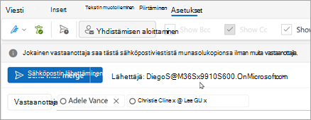 Aloita yhdistäminen vastaanottajien kanssa. Jokainen vastaanottaja saa oman kopionsa sähköpostiviestistä ilman muita vastaanottajia.