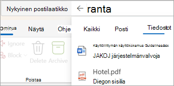 Valitse Files, jos haluat nähdä vain liitteitä sisältävät hakutulokset.