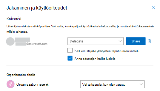 Anna edustajan hallita luokkia -kohdan vieressä oleva valintaruutu