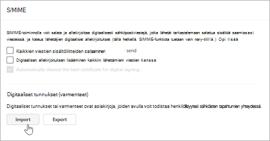 Näyttökuva, jossa näkyy S/MIME-sivu digitaalisten tunnusten osioiden Asetuksissa ja tuominen -kohdissa