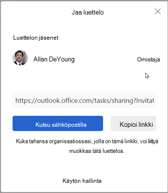 Voit jakaa luettelon muiden kanssa valitsemalla Kutsu sähköpostitse tai Kopioi linkki.