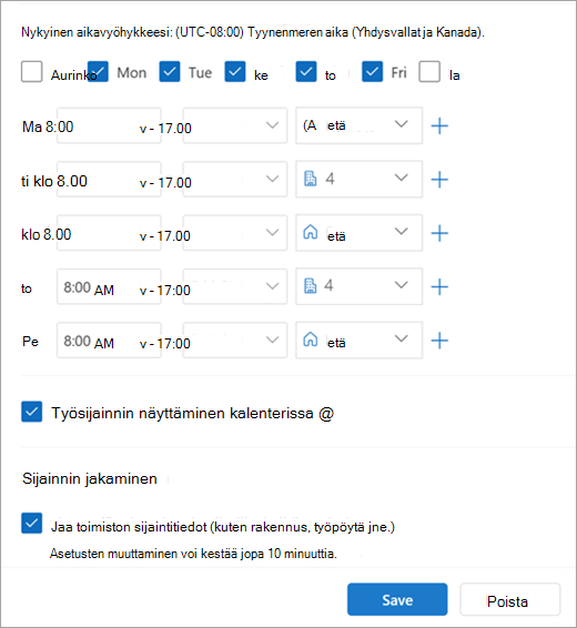 Näyttökuva toistuvista työtunneista ja sijainneista