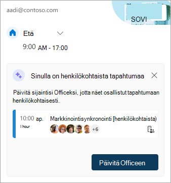Näyttökuva, jossa näkyy työsijainnin päivittäminen