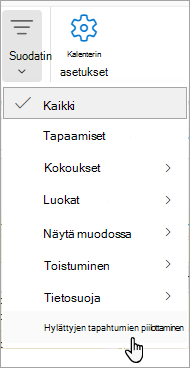 Näyttökuva Calendar suodattimesta, jossa näkyy piilotetut tapahtumat avattavasta valikosta