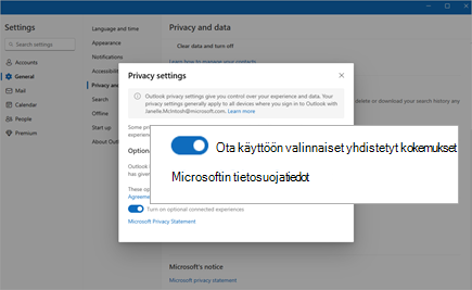 Näyttökuva, jossa korostuskytkin ottaa valinnaiset yhdistetyt käyttökokemukset käyttöön Asetuksissa