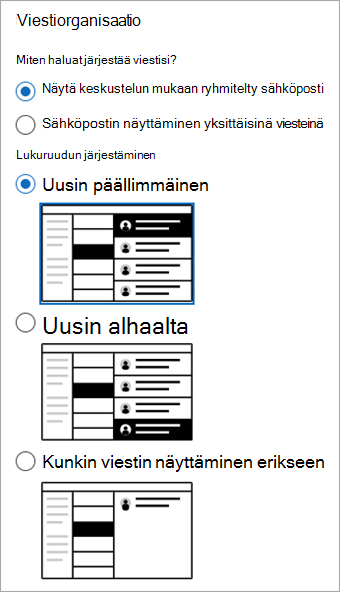 Näyttökuva Asetukset > sähköpostin> asettelu -osasta, jossa näkyy Viestiorganisaatio-osa