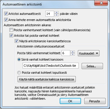 Automaattisen arkistoinnin asetukset -valintaikkuna