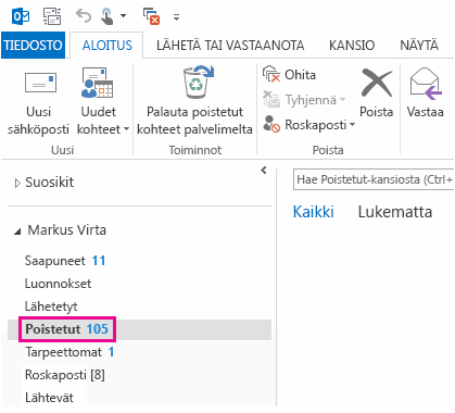 Valitse kansioluettelosta Poistetut kohteet