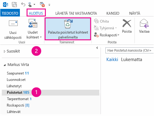 Valitse Poistetut kohteet -kansio ja Recover Items From Server (Palauta kohteet palvelimesta)