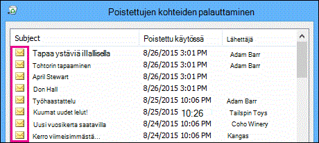 Kaikentyyppisillä kohteilla on sama kuvake Palautettavat-kansiossa