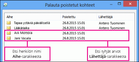 Etsi yhteystietoja lajittelemalla Aihe- tai Lähettäjä-sarakkeen mukaan