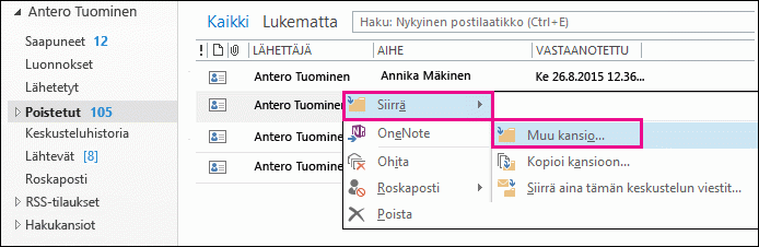 Valitse Siirrä ja valitse Muu-kansio
