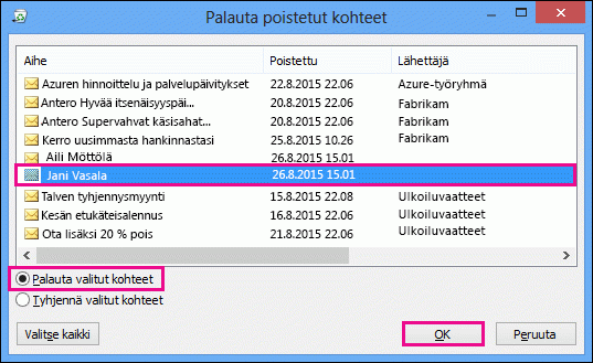 Valitse palautettava yhteystieto ja valitse OK