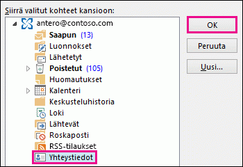 Siirrä yhteystieto Yhteystiedot-kansioon