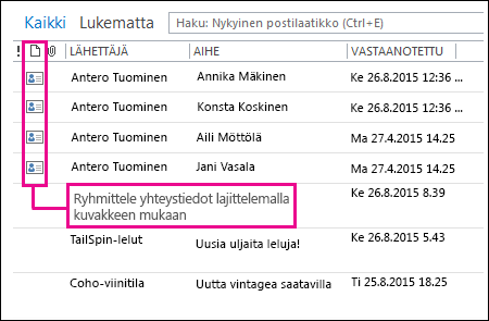 Ryhmittele yhteystiedot Poistetut-kansiossa lajittelemalla kuvakkeen mukaan