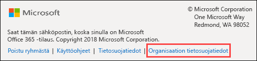 Office 365 Ryhmät-vieraan tervetuloviestin alatunniste