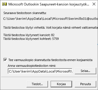 Näyttää skannatusta Outlookin .pst-datatiedostosta Microsoftin Saapuneet-kansion korjaustyökalulla (SCANPST.EXE) saadut tulokset