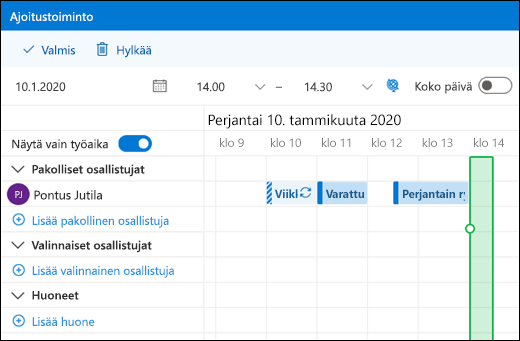 Ajoitustoiminto, jossa näkyvät yhdistetyt kalenteritapahtumat