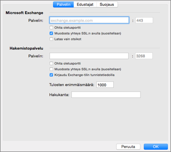Exchange-tilin palvelimen asetukset