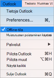 Näyttää Työskentele offline-tilassa -valinnan valittuna Outlookin valikossa