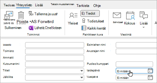 Näyttökuva yhteystietokortin tietonäkymästä syntymäpäivän tai vuosipäivän lisäämistä varten