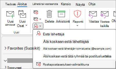 Näyttökuva, jossa näkyy avattava Estä lähettäjä -valikko, jossa Roskapostiasetukset on valittuna