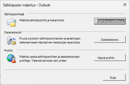 Sähköpostin asetukset – Outlook-valintaikkuna, jota käytetään Ohjauspaneeli sähköpostiasetusten kautta.