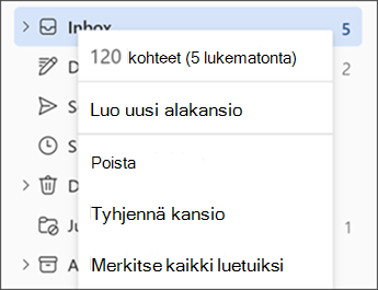 Näyttökuva, jossa näkyy valikko, kun napsautat kansiota hiiren kakkospainikkeella