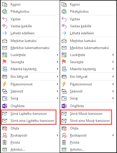 Siirrä- ja Siirrä aina -valintojen rinnakkaisnäkymä