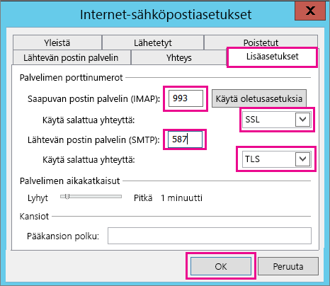 Anna sähköpostin lisäasetukset.