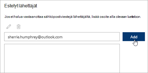 Näyttökuva Estetyt lähettäjät -ruudusta
