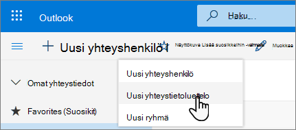 Näyttökuva Uusi yhteystieto -valikosta, jossa Uusi yhteystietoluettelo on valittuna