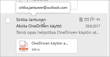 Näyttökuva kohdistimesta, joka osoittaa lähettäjien nimen päällä