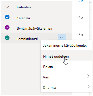 Kuvankaappaus oma kalenterisi -pikavalikosta, jossa Nimeä uudelleen on valittuna.