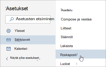 Näyttökuva Asetukset-valikosta, jossa Roskaposti valittuna