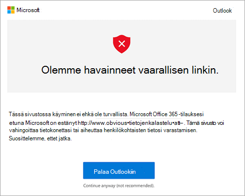 Näyttökuva haitallisen linkin varoitusnäytöstä