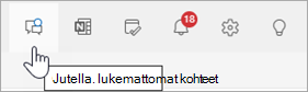 Näyttökuva Outlookin ylätunnisteessa, jossa Teams-keskustelu on valittuna